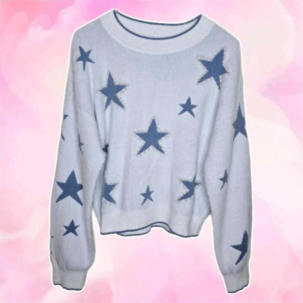 Nanette Lepore Blue Star Pearl Embellished Fuzzy Sweater